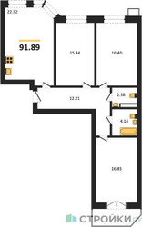 Планировка трехкомнатной(квартира) площадью 91.89 квадратных метров в ЖК “ЖК Мечта”