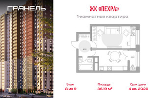 Планировка однокомнатной(квартира) площадью 36.19 квадратных метров в “ЖК Пехра”