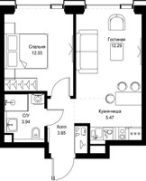 Планировка однокомнатной(квартира) площадью 37.58 квадратных метров в “ЖК СЕТ”
