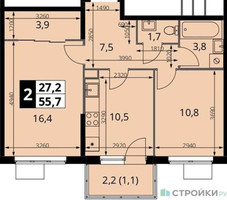 Планировка двухкомнатной(квартира) площадью 55.7 квадратных метров в “ЖК 1-й Измайловский (Первый Измайловский)”