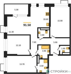 Планировка трехкомнатной(квартира) площадью 91.5 квадратных метров в ЖК “ЖК Бунинские кварталы”