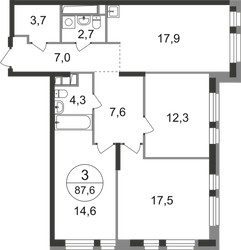 Планировка трехкомнатной(квартира) площадью 87.6 квадратных метров в ЖК “ЖК Первый Московский”