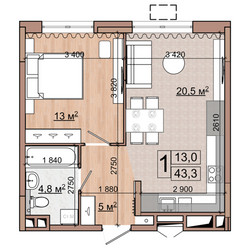 Планировка однокомнатной(квартира) площадью 43.3 квадратных метров в ЖК “ЖК Гранд Комфорт”