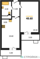 Планировка однокомнатной(квартира) площадью 48.6 квадратных метров в ЖК “ЖК Пироговская Ривьера”