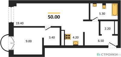 Планировка однокомнатной(квартира) площадью 50 квадратных метров в ЖК “ЖК Новые смыслы”