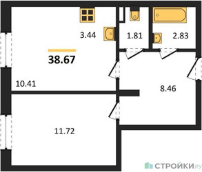 Планировка однокомнатной(квартира) площадью 38.67 квадратных метров в ЖК “Зеленый Оазис - Город”