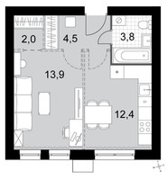Планировка однокомнатной(квартира) площадью 36.6 квадратных метров в “ЖК Дубровицы клаб”