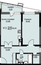 Планировка однокомнатной(квартира) площадью 50.8 квадратных метров в ЖК “ЖК Соболевка”