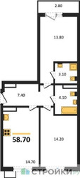 Планировка двухкомнатной(квартира) площадью 58.7 квадратных метров в ЖК “ЖК Деснаречье”