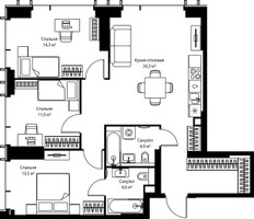 Планировка трехкомнатной(квартира) площадью 87.4 квадратных метров в “ЖК Веер”