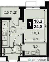 Планировка однокомнатной(квартира) площадью 24.8 квадратных метров в “ЖК ЮЖНАЯ БИТЦА”