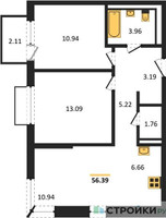 Планировка двухкомнатной(квартира) площадью 56.39 квадратных метров в “ЖК Пригород Лесное”