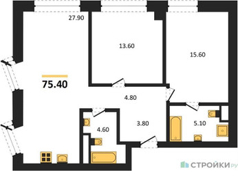 Планировка двухкомнатной(квартира) площадью 75.4 квадратных метров в ЖК “ICE TOWERS (Айс Тауэрс)”