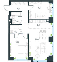 Планировка трехкомнатной(квартира) площадью 68.6 квадратных метров в “ЖК Левел Мичуринский”