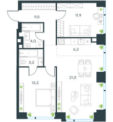 Планировка трехкомнатной(квартира) площадью 68.6 квадратных метров в ЖК “ЖК Левел Мичуринский”