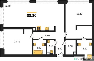 Планировка двухкомнатной(квартира) площадью 88.3 квадратных метров в ЖК “ЖК СТОУН Грэйн”