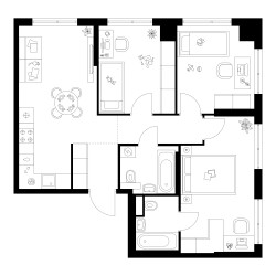Планировка трехкомнатной(квартира) площадью 69 квадратных метров в ЖК “Квартал Мит”