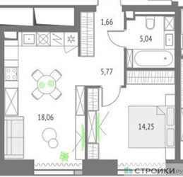 Планировка однокомнатной(квартира) площадью 44.78 квадратных метров в ЖК “ЖК Upside Towers (Апсайд Тауэрс)”