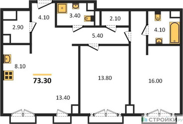 Планировка двухкомнатной(квартира) площадью 73.3 квадратных метров в ЖК “ЖК Sydney City (Сидней Сити)”