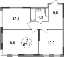 Планировка двухкомнатной(квартира) площадью 57.1 квадратных метров в “ЖК Переделкино Ближнее”