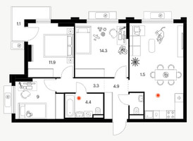 Планировка трехкомнатной(квартира) площадью 74.3 квадратных метров в “ЖК Белая Дача парк”