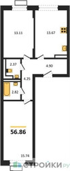 Планировка двухкомнатной(квартира) площадью 56.86 квадратных метров в ЖК “ЖК Пятницкие луга”