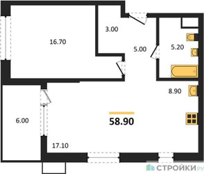 Планировка однокомнатной(квартира) площадью 58.9 квадратных метров в ЖК “ЖК Дзен-кварталы”