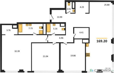 Планировка трехкомнатной(квартира) площадью 169.2 квадратных метров в ЖК “ЖК Собрание клубных домов West Garden (Вест Гарден)”