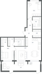 Планировка трехкомнатной(квартира) площадью 83.6 квадратных метров в ЖК “ЖК Равновесие”