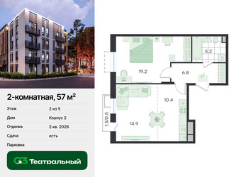 Планировка двухкомнатной(квартира) площадью 57 квадратных метров в ЖК “ЖК Театральный”