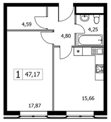 Планировка однокомнатной(квартира) площадью 47.17 квадратных метров в ЖК “ЖК Городские Истории”