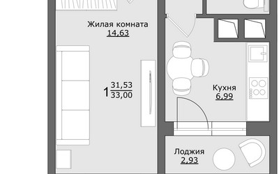 Планировка однокомнатной(квартира) площадью 33 квадратных метров в ЖК “ЖК Клевер”