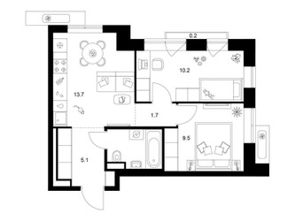 Планировка двухкомнатной(квартира) площадью 44.2 квадратных метров в ЖК “ЖК Саларьево парк”