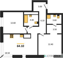 Планировка двухкомнатной(квартира) площадью 64.1 квадратных метров в “ЖК Детали”