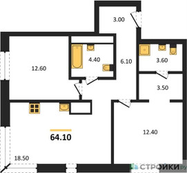 Планировка двухкомнатной(квартира) площадью 64.1 квадратных метров в ЖК “ЖК Детали”