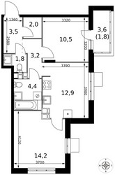 Планировка двухкомнатной(квартира) площадью 54.3 квадратных метров в ЖК “ЖК 1-й Саларьевский (Первый Саларьевский)”