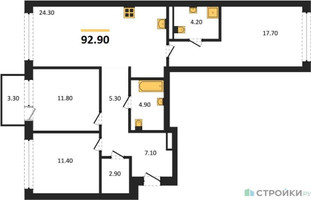 Планировка трехкомнатной(квартира) площадью 92.9 квадратных метров в “ЖК Дом А”