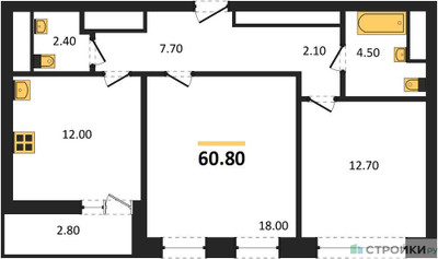 Планировка двухкомнатной(квартира) площадью 60.8 квадратных метров в ЖК “Квартал Филатов луг”