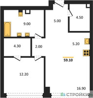 Планировка однокомнатной(квартира) площадью 59.2 квадратных метров в “ЖК High Life (Хай Лайф)”