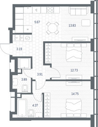 Планировка двухкомнатной(квартира) площадью 62.34 квадратных метров в ЖК “ЖК TATE (Тэйт)”