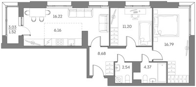 Планировка трехкомнатной(квартира) площадью 67.5 квадратных метров в ЖК “ЖК Аквилон Beside 2.0”