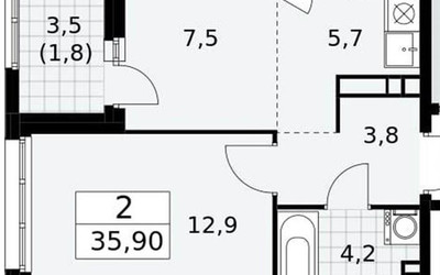 Планировка однокомнатной(квартира) площадью 35.9 квадратных метров в ЖК “ЖК Дзен-кварталы”