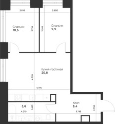 Планировка двухкомнатной(квартира) площадью 56.3 квадратных метров в ЖК “ЖК Войс”