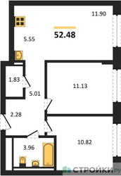 Планировка двухкомнатной(квартира) площадью 52.48 квадратных метров в ЖК “ЖК Новое Внуково”