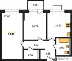 Планировка двухкомнатной(квартира) площадью 52.49 квадратных метров в “ЖК Богдановский Лес”