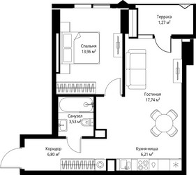 Планировка однокомнатной(квартира) площадью 49.51 квадратных метров в ЖК “ЖК Джойс”