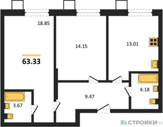 Планировка двухкомнатной(квартира) площадью 63.33 квадратных метров в ЖК “ЖК Бархат”