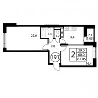 Планировка двухкомнатной(квартира) площадью 61 квадратных метров в “ЖК Космос”