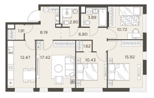 Планировка 4+ комнатной(квартира) площадью 92.17 квадратных метров в “ЖК Одинград”