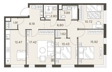 Планировка 4+ комнатной(квартира) площадью 92.17 квадратных метров в ЖК “ЖК Одинград”